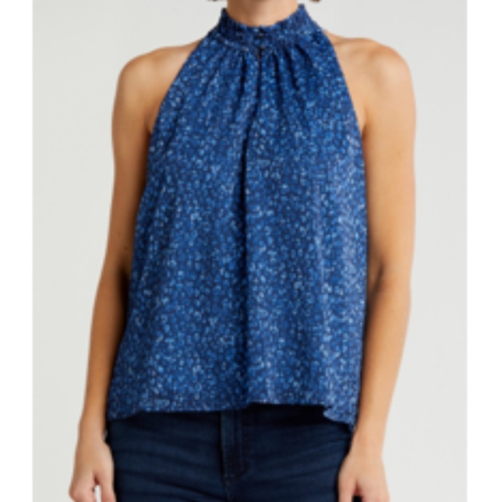 Ramy Brook Blue leopard print sleeveless high neck-lined-Halter Top